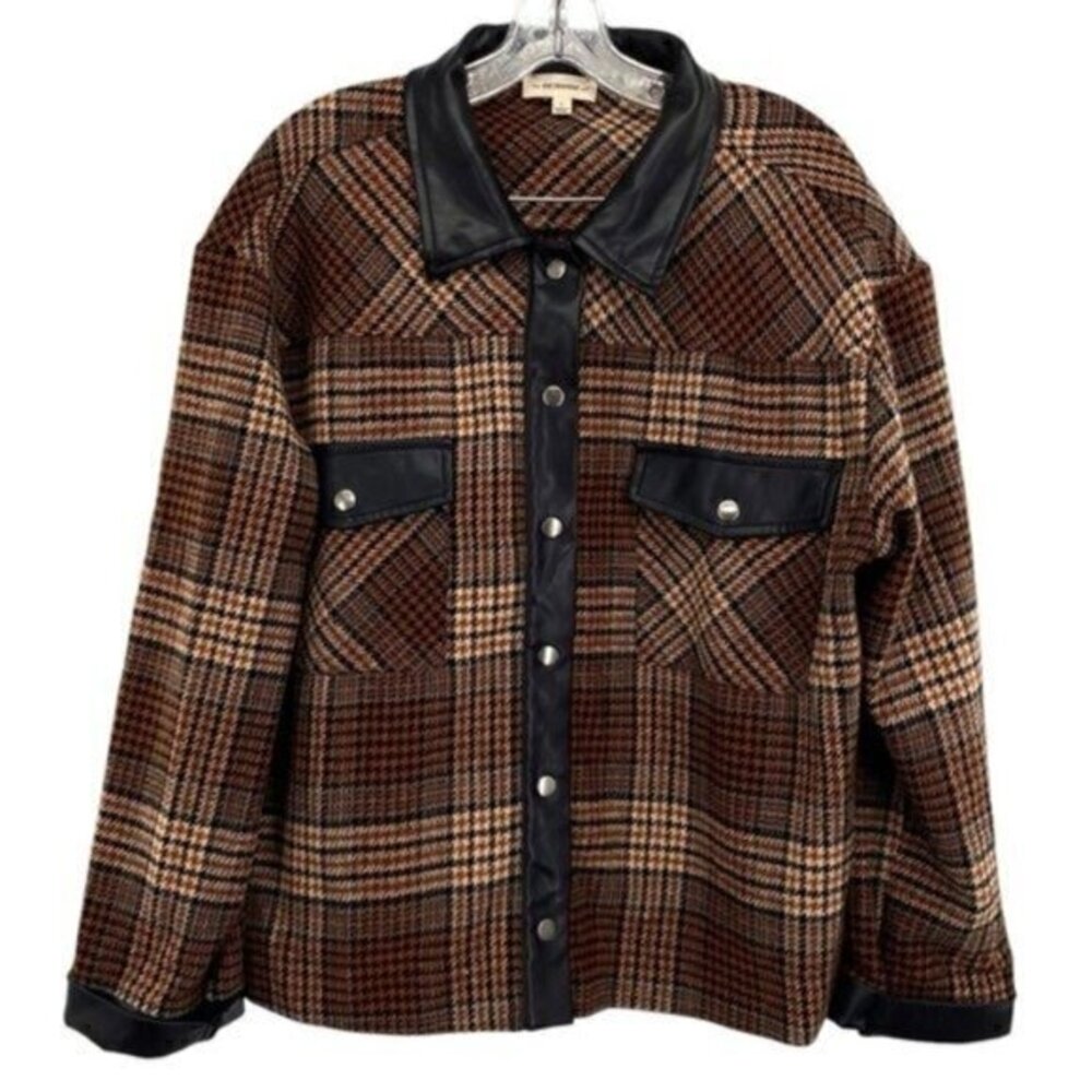 Houndstooth Plaid Tweed Shacket Jacket Womens Large Faux Leather Trim Clueless